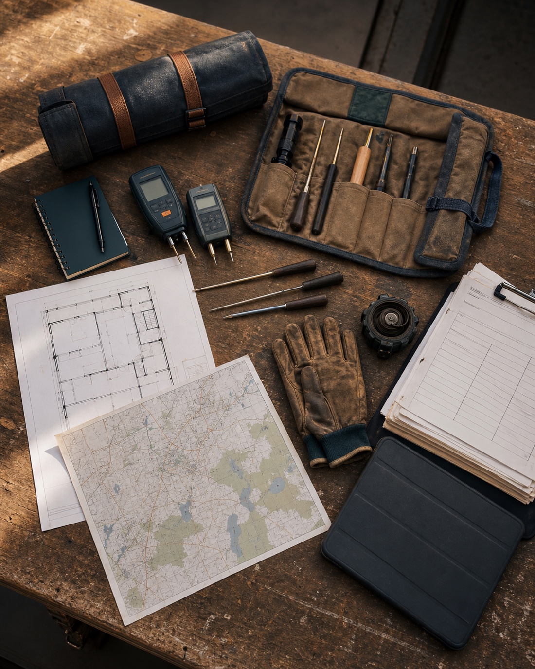 The Lakeland Pest Pros inspection kit laid out on a worn wooden workbench — canvas tool rolls, probe picks, moisture meters, a printed floor plan and Polk County map, work gloves, a clipboard with work orders, and a tablet