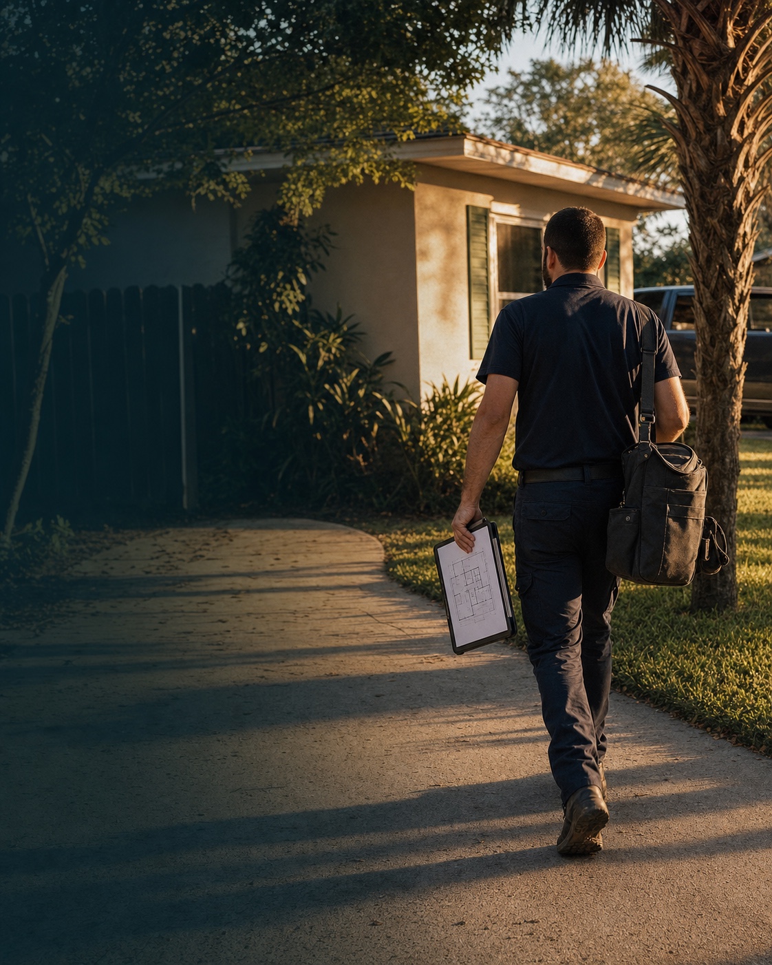 A Lakeland Pest Pros technician walking up the driveway of a Florida ranch home, clipboard with a printed floor plan in hand, canvas tool roll on the shoulder — late-afternoon arrival for a Polk County inspection
