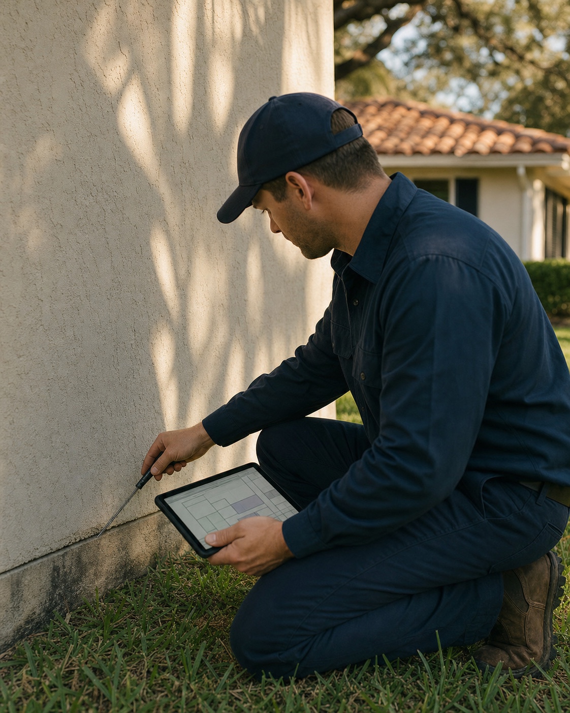 A Lakeland Pest Pros technician kneeling at the foundation of a Florida ranch home — probe pick testing the stucco-to-slab joint, tablet on the knee recording the finding