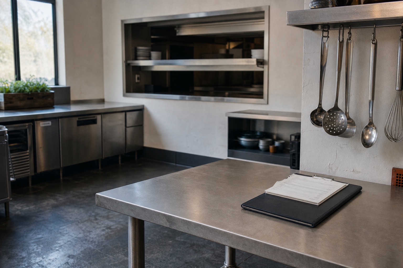 A clean restaurant back-of-house at rest — stainless prep line, hanging utensils, daylight from a side window, paperwork on the counter