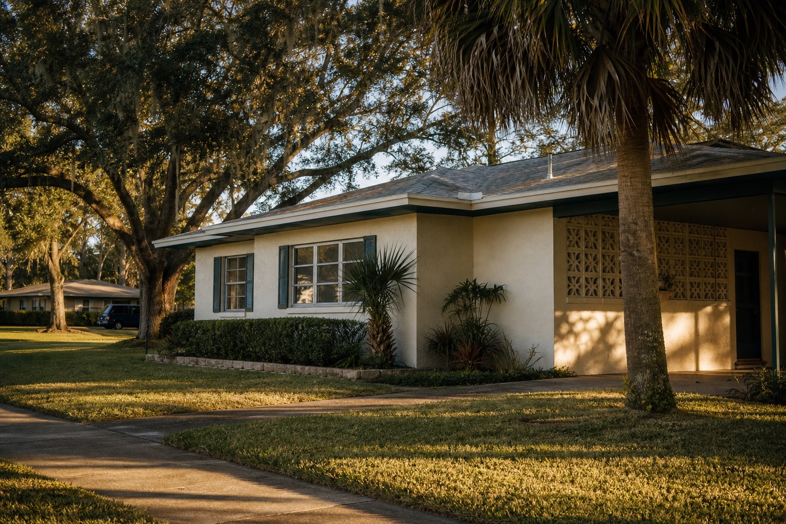 Mid-century Florida ranch with carport breeze-block, sabal palm shade, and an irrigated St. Augustine lawn — typical Polk County residential property